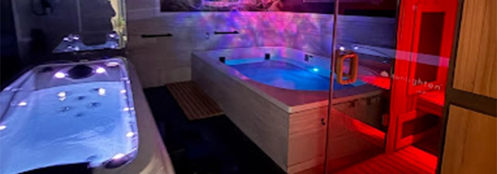Recovery And Health Spa Doylestown PA Contrast Therapy Float Tank And Sauna Dark Room With Purple Lighting And Cold Plunge Tank And Hot Sauna