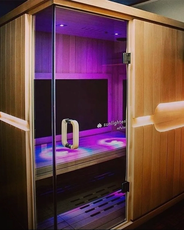Wooden Infrared Sauna With Purple Lighting