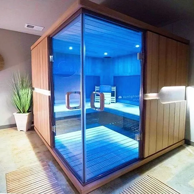 Wooden Infrared Sauna With Blue Lighting