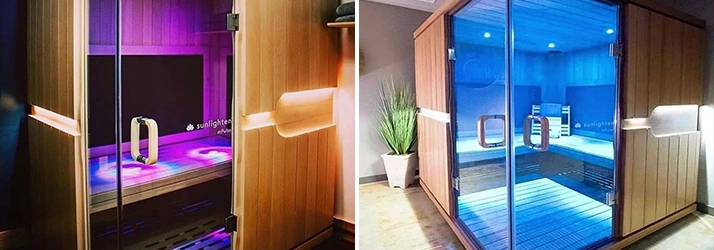 Recovery And Health Spa Doylestown PA Infrared Saunas Two Infrared Saunas With Purple And Blue Lighting