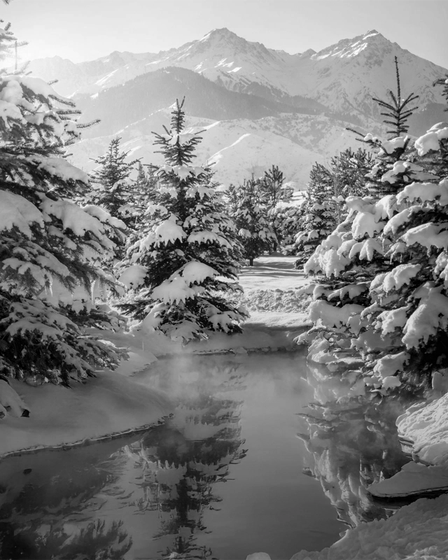 Icy Landscape With Hot Springs With a Black And White Filter